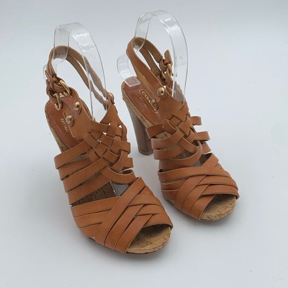 Coach brown leather basket weave heels stacked wooden heels women’s 5.5 B - Picture 1 of 12